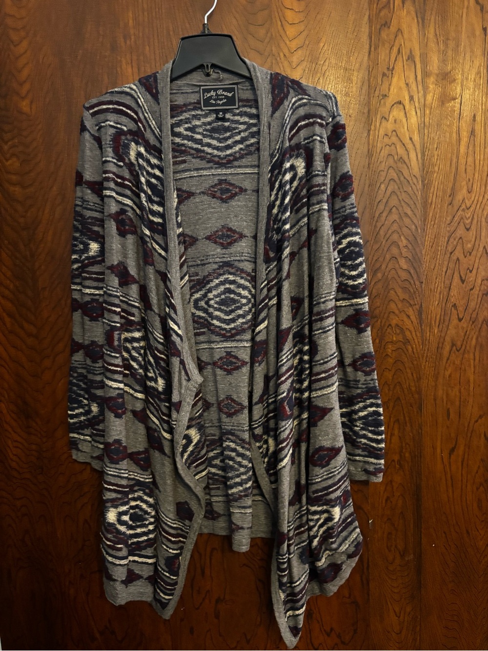 Lucky Brand Gray Open-Front Cardigan with Navy and Burgundy Pattern